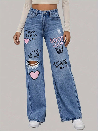 Hart liefdesbrief Graffiti print gescheurd denim Broek - Zoey
