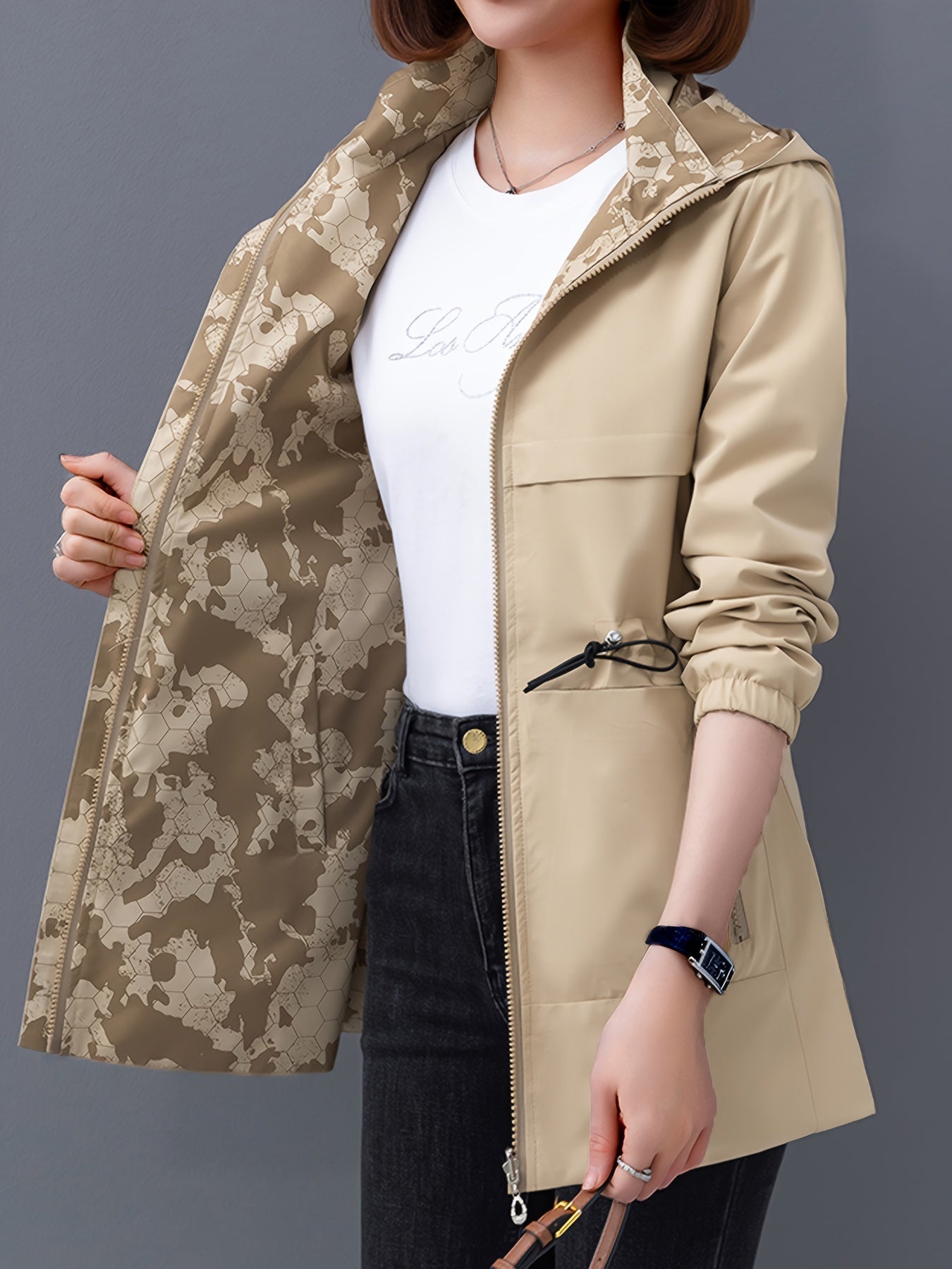 Venus - Dubbelzijdige stijlvolle regenjas met capuchon en zakken voor dames