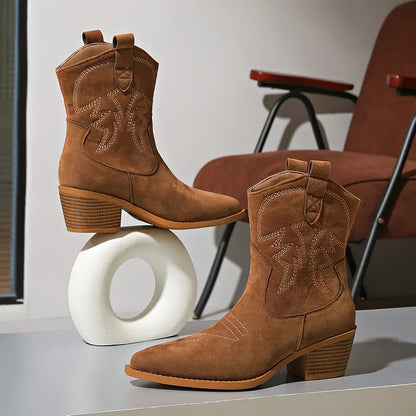 Halfhoge cowboylaarzen met borduurmotief voor dames