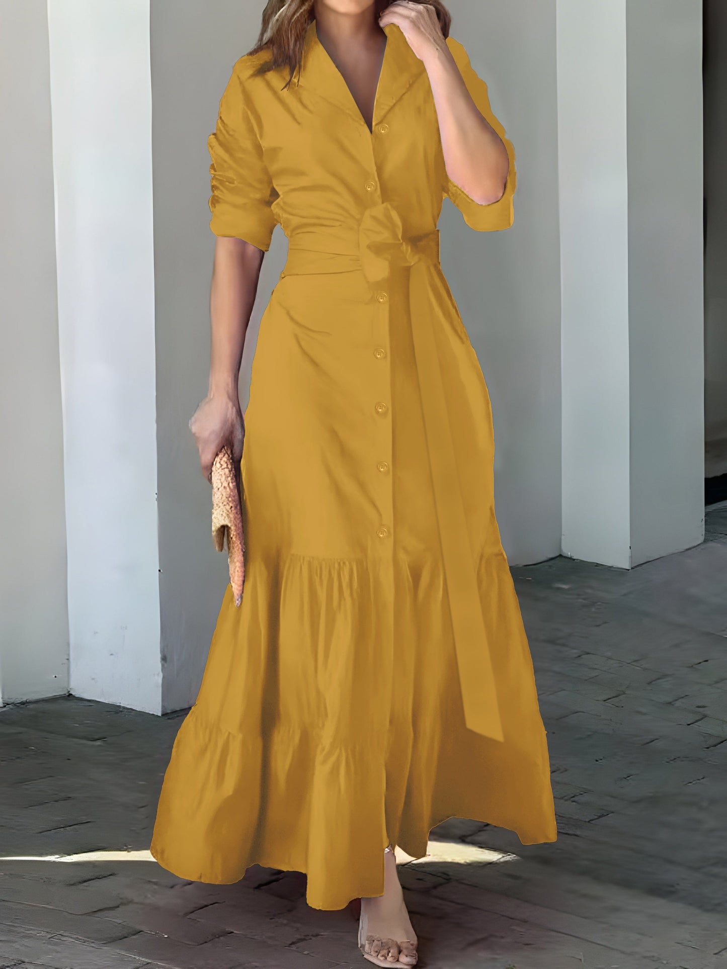 Effen knoopjesjurk met riem - Hazel