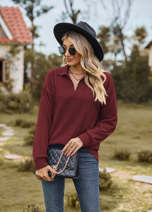 Bordeaux lange mouwen T-shirt met kraag