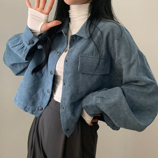 Blauw ribfluwelen jas