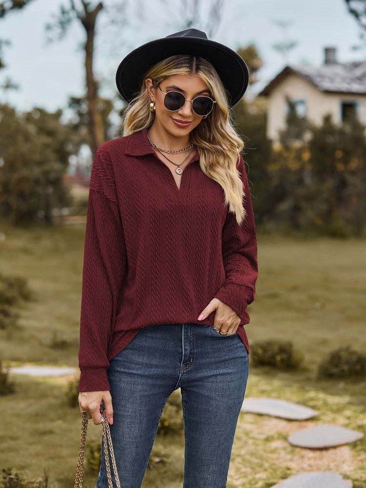 Bordeaux lange mouwen T-shirt met kraag