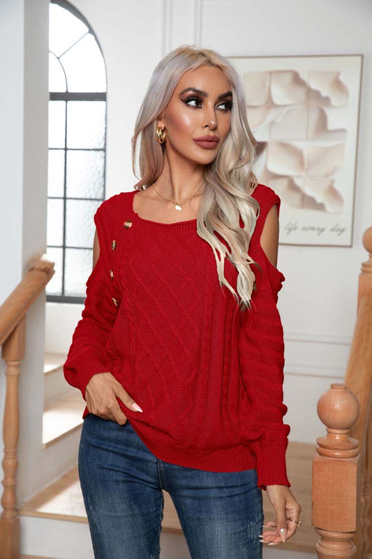 Rode knitted trui met open schouders