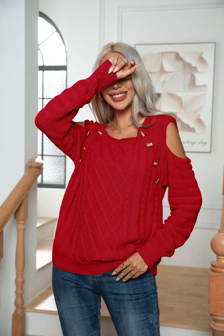 Rode knitted trui met open schouders