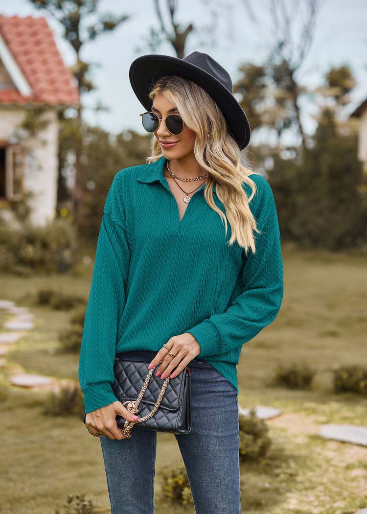 Groenblauw lange mouwen shirt met kraag