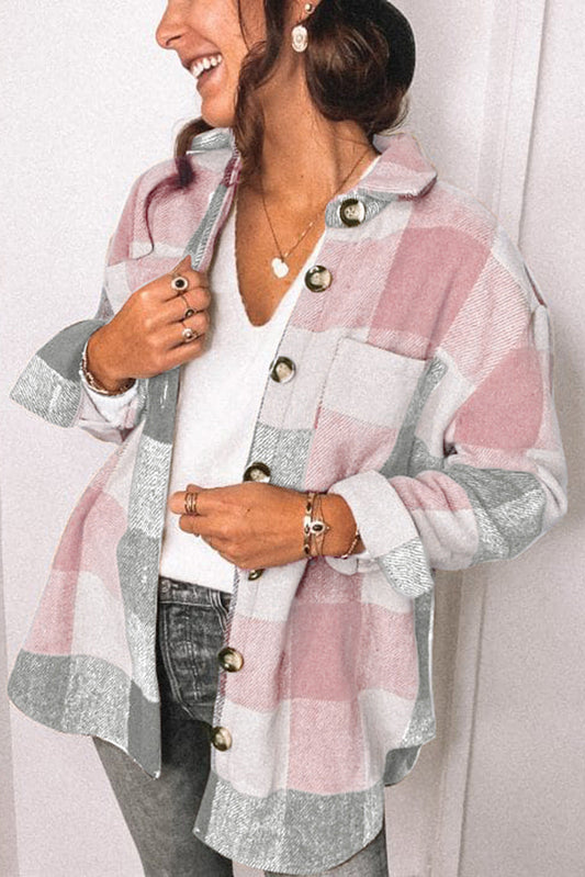 Lichtroze/ grijs geruit overhemdblouse