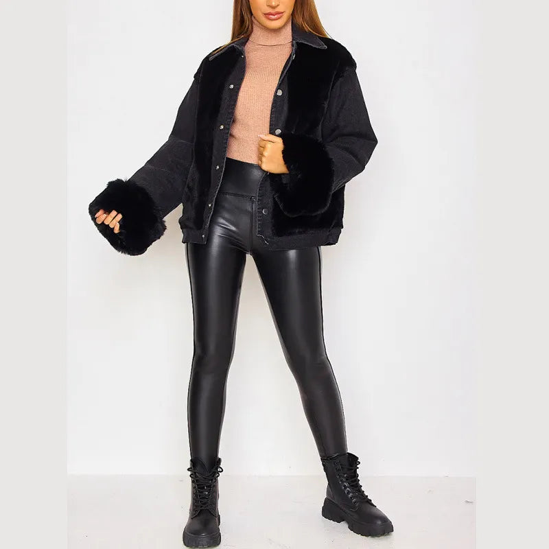 Spijkerjack met imitatiebont