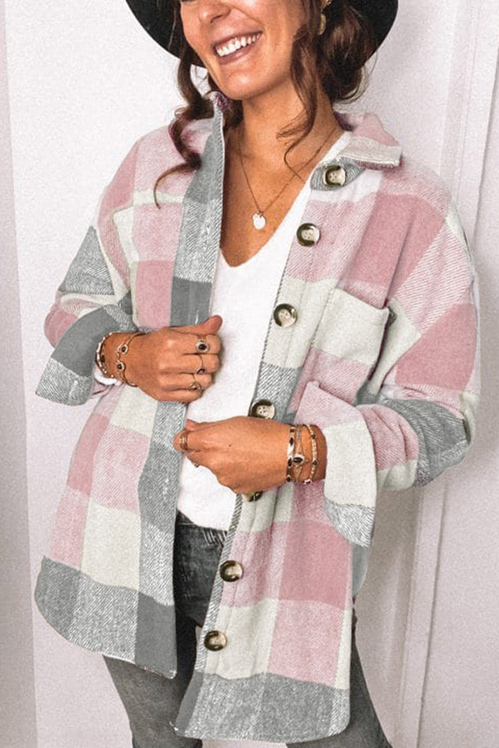 Lichtroze/ grijs geruit overhemdblouse