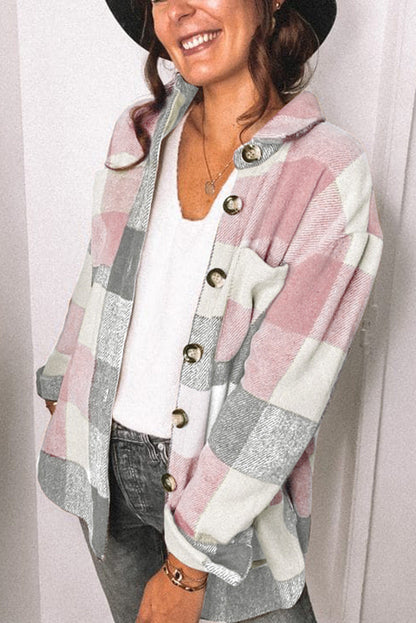 Lichtroze/ grijs geruit overhemdblouse