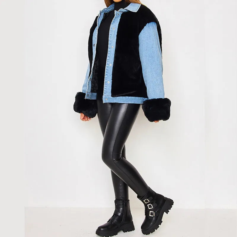 Spijkerjack met imitatiebont