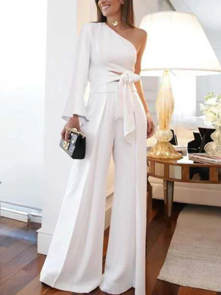 Farris | Vrouwen Diagonaal Schouder Jumpsuit met Taille Stropdas