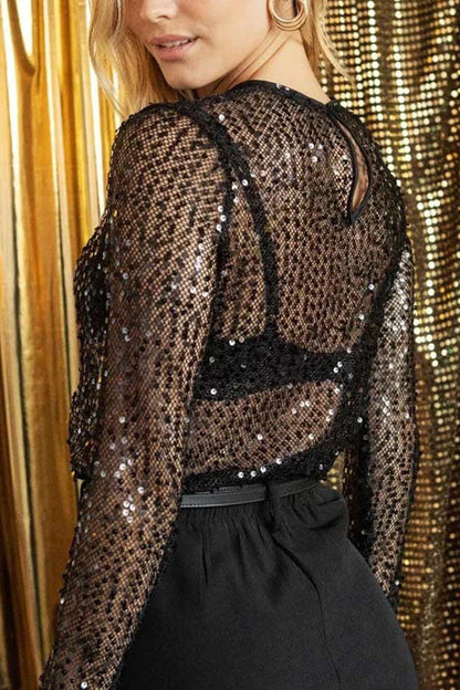 Lynne - Houd het glanzend pailletten lange mouwen shiftblouse