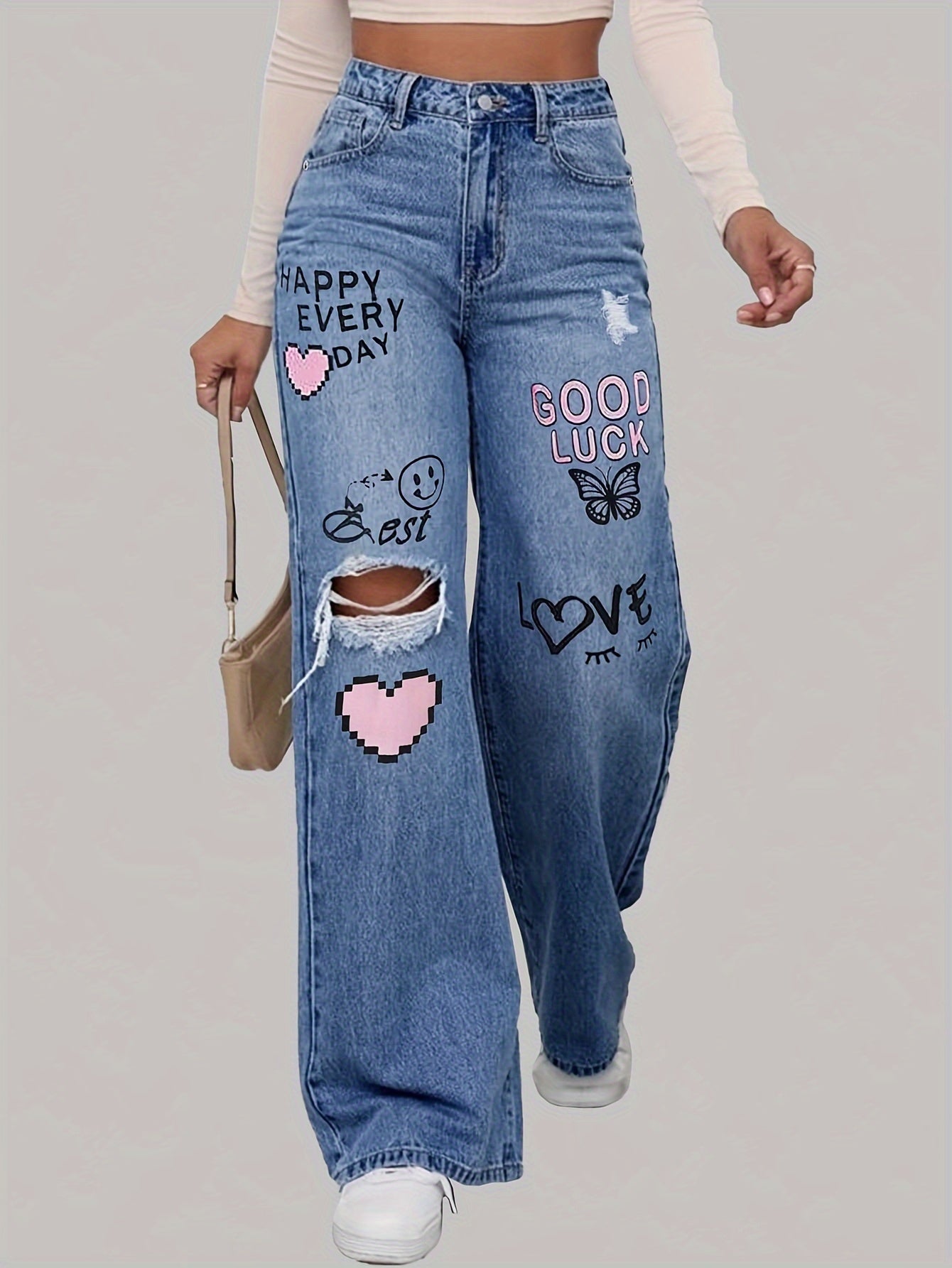 Hart liefdesbrief Graffiti print gescheurd denim Broek - Zoey
