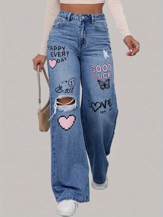 Hart liefdesbrief Graffiti print gescheurd denim Broek - Zoey