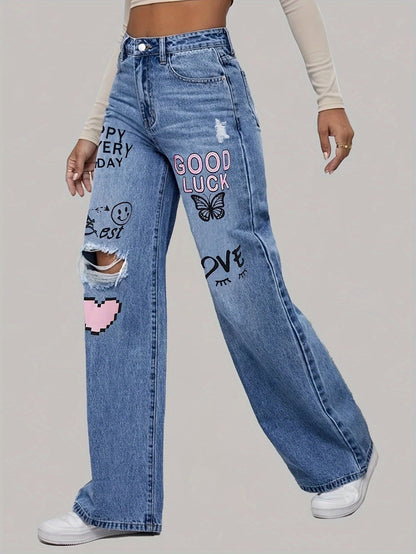Hart liefdesbrief Graffiti print gescheurd denim Broek - Zoey