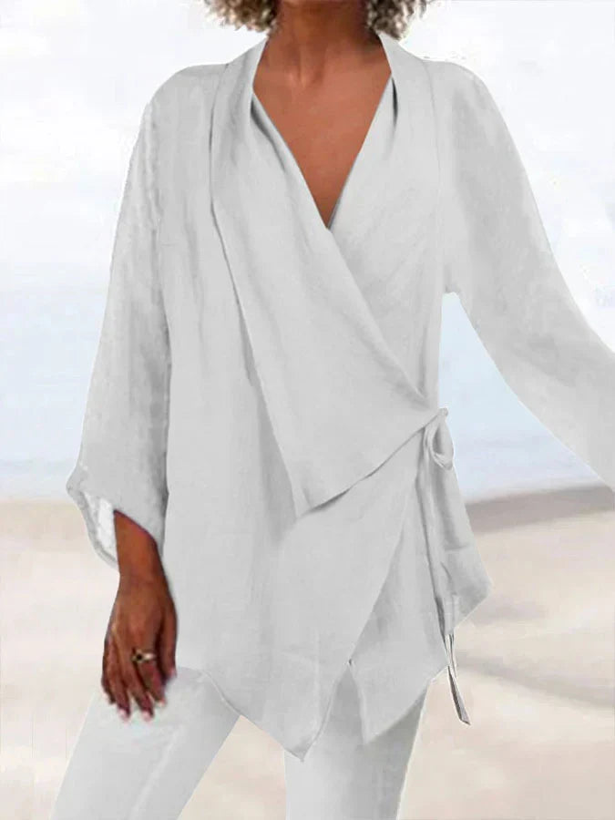 Mitzi - Damesoverhemd van katoen en linnen met revers met vetersluiting