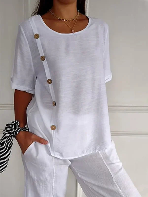 Verlene - Damesshirt met casual knoopsluiting in katoen- en linnenprint