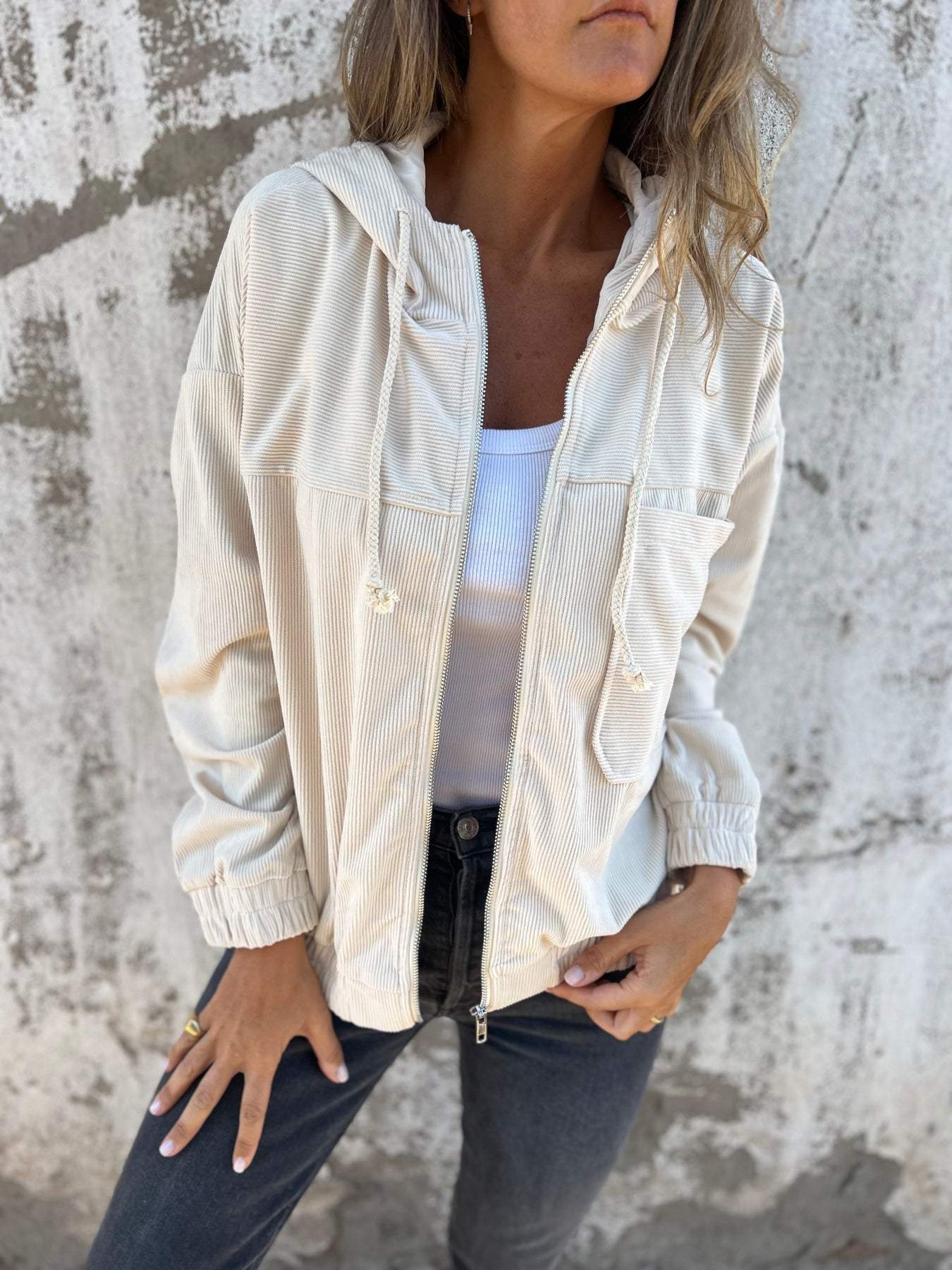 Kyra - Casual Herfst Corduroy Jas met Trekkoord en Capuchon voor Vrouwen