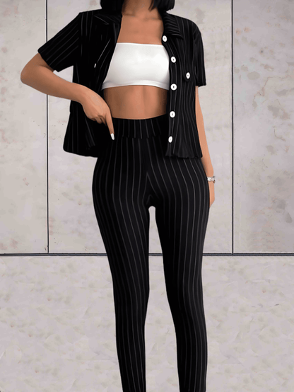 Faith -  2-delige set ribdesign poloblazer met knopen en pantalon