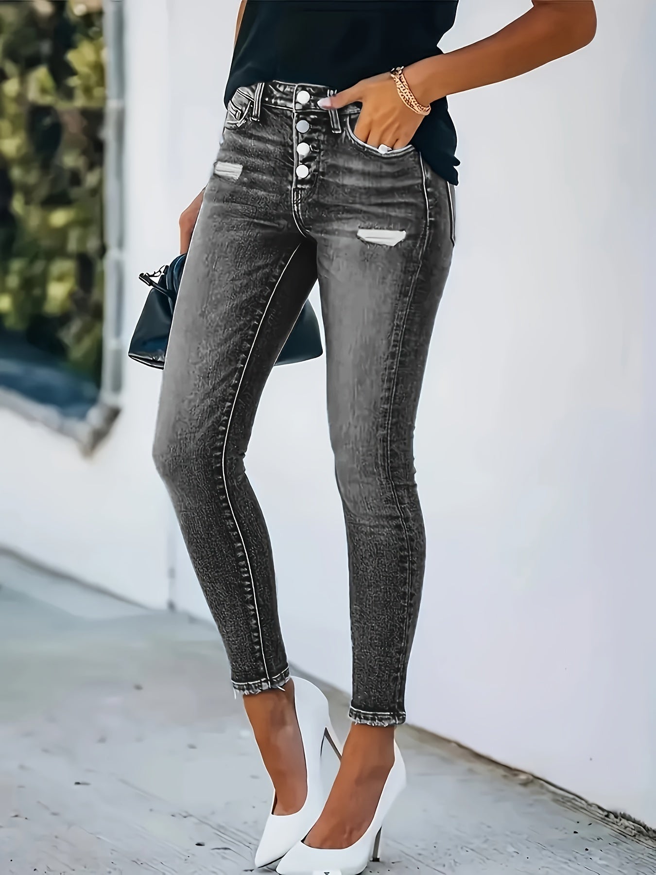 Single-breasted gescheurde skinny jeans - Grace