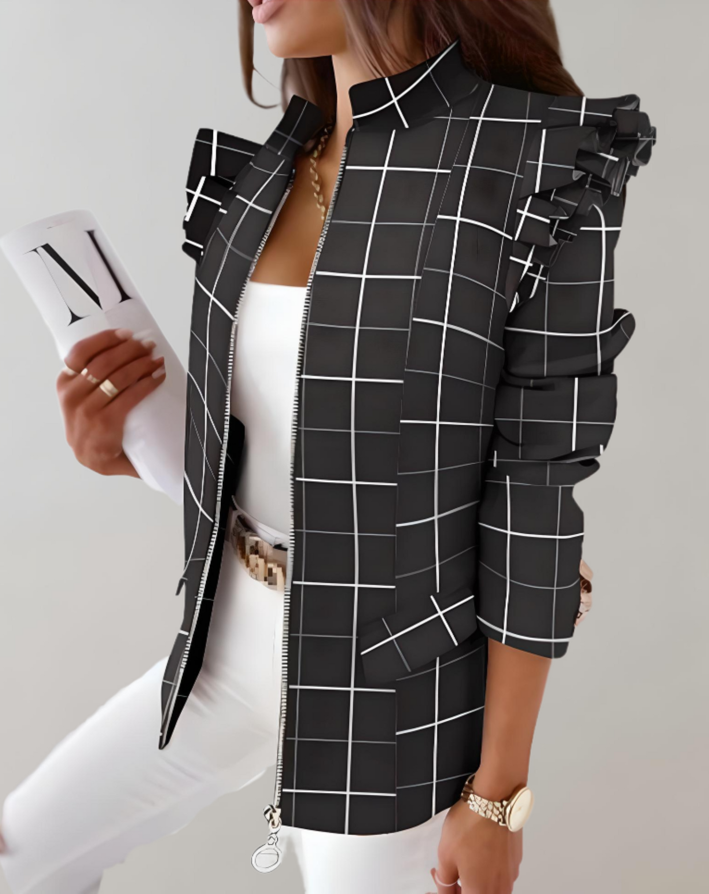 Harmony | Geraffineerde en lange jas met sterke randen op de schouders en ontwerpen met print