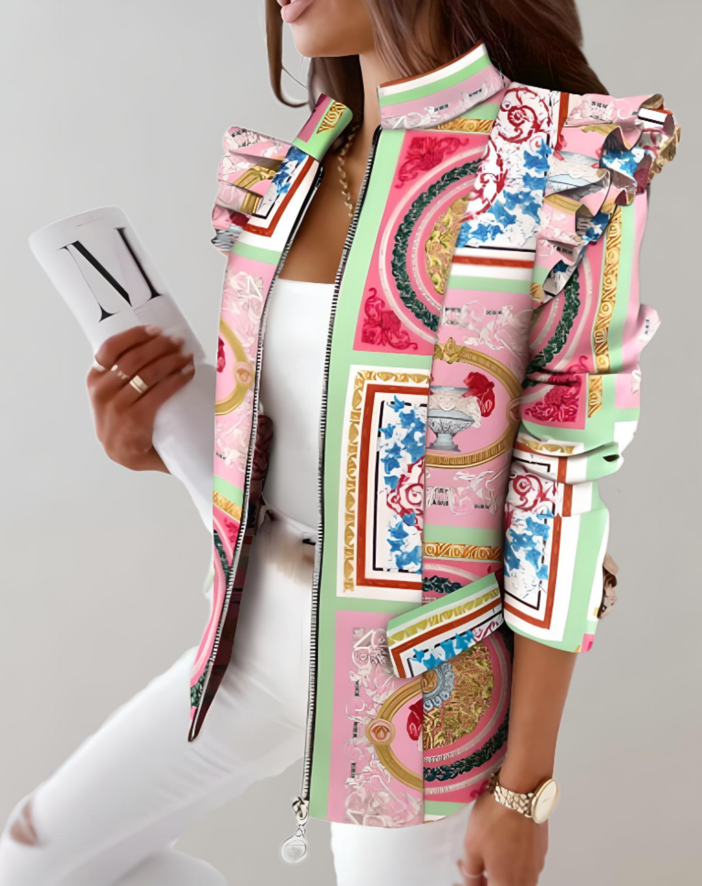 Harmony | Geraffineerde en lange jas met sterke randen op de schouders en ontwerpen met print