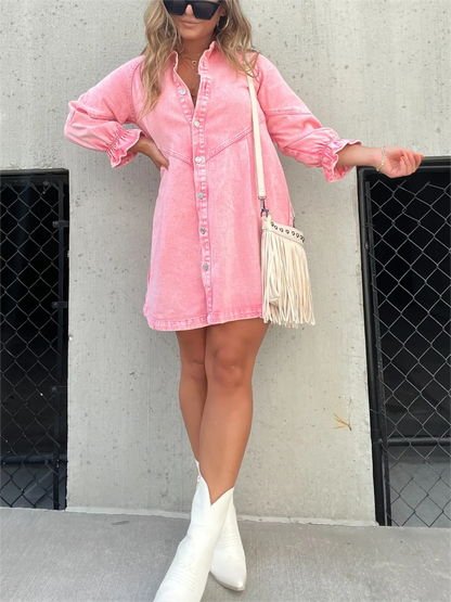 Ayla - Trendy Denim Jurk met Pofmouwen voor de Lente