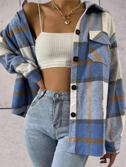 Jazel - Blauw oversized jasje met knoopsluiting en borstzakken