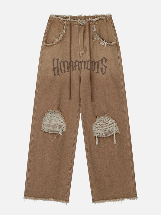 Beatrice - Losvallende Jeans met Franje en Letters