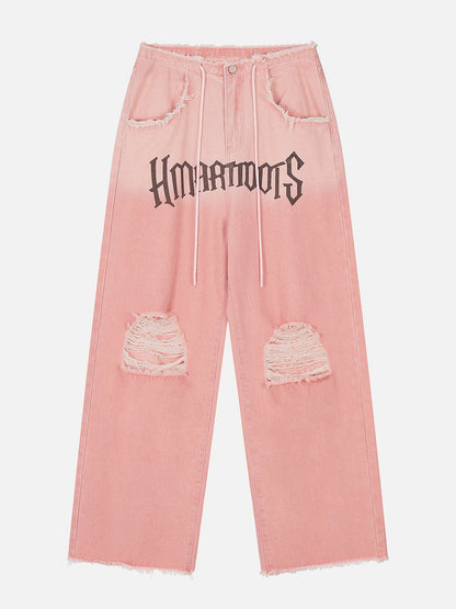 Beatrice - Losvallende Jeans met Franje en Letters