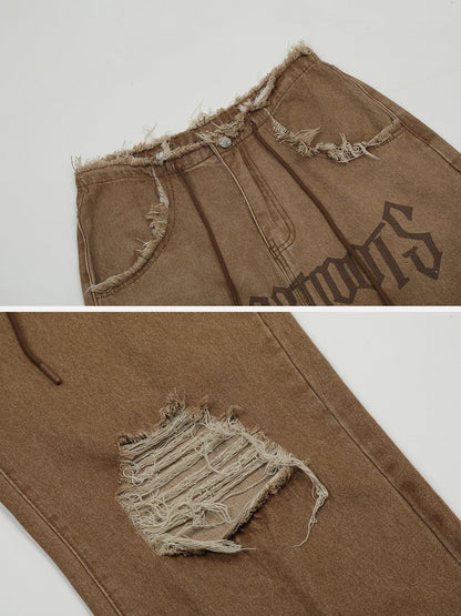Beatrice - Losvallende Jeans met Franje en Letters