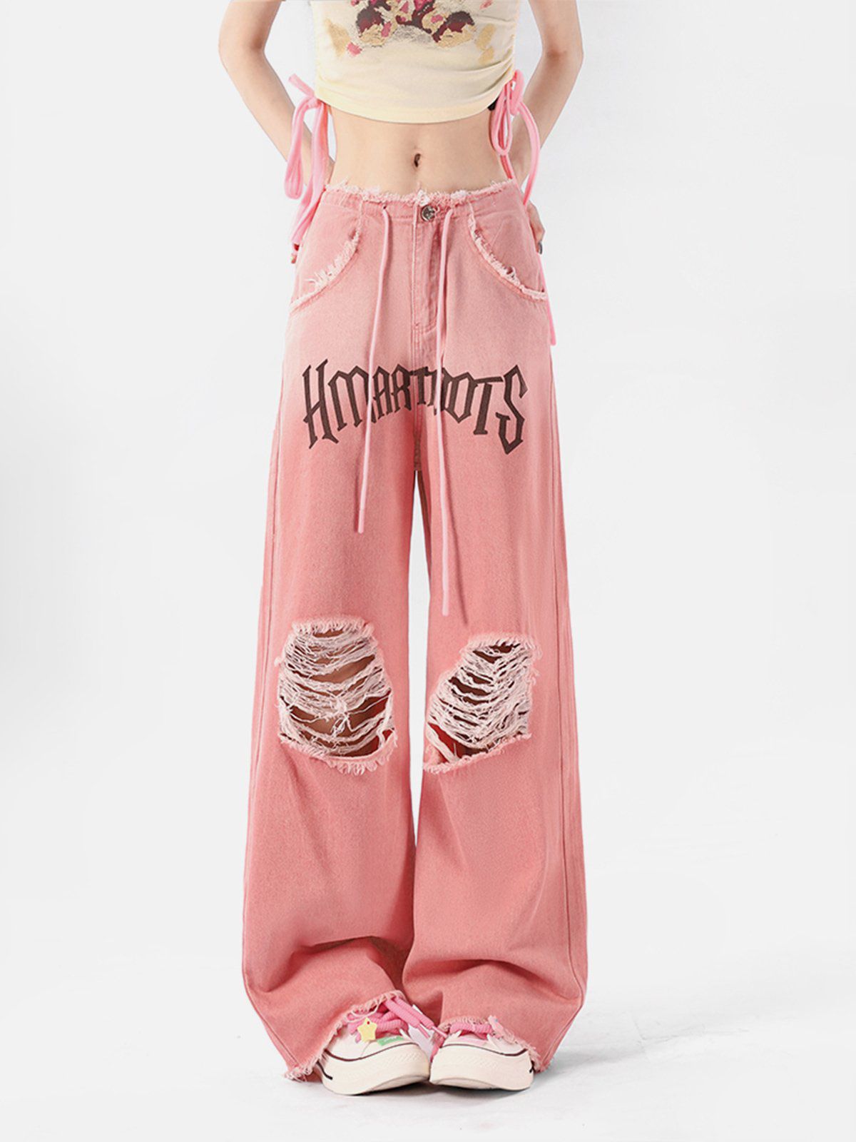 Beatrice - Losvallende Jeans met Franje en Letters