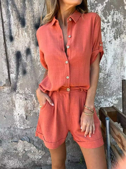 Teun | casual tweedelig short en blouse set met knopen