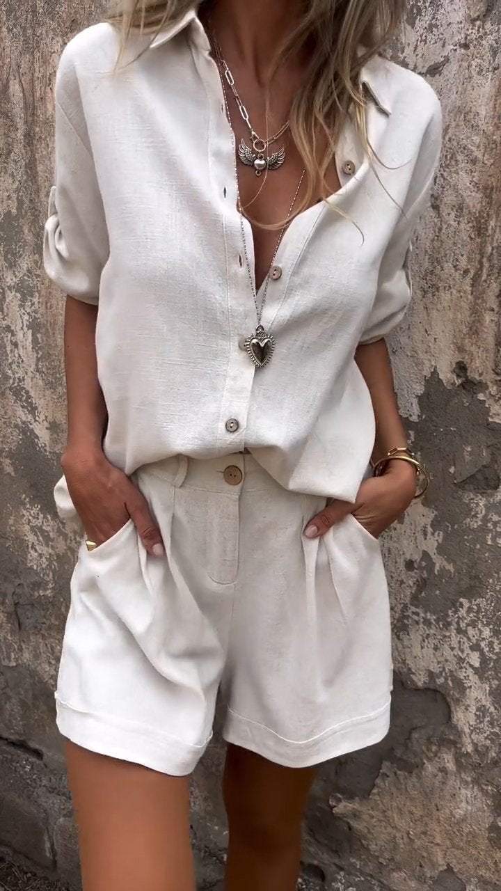 Teun | casual tweedelig short en blouse set met knopen