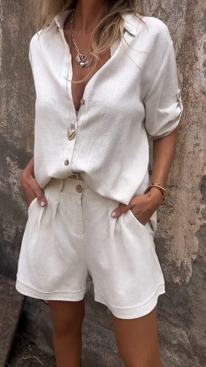 Teun | casual tweedelig short en blouse set met knopen