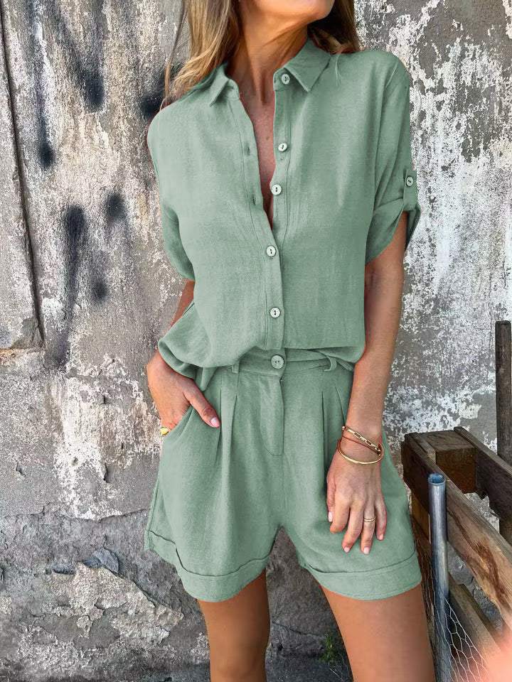 Teun | casual tweedelig short en blouse set met knopen