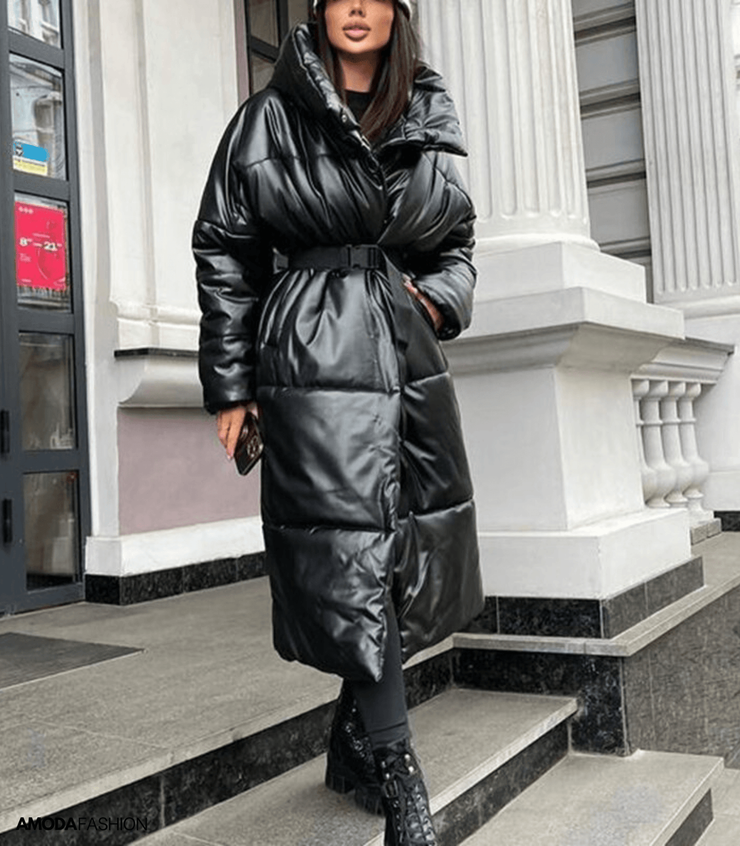 Lang leren pufferjack met riem