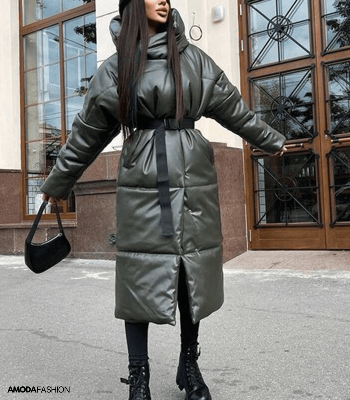 Lang leren pufferjack met riem