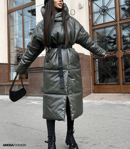 Lang leren pufferjack met riem