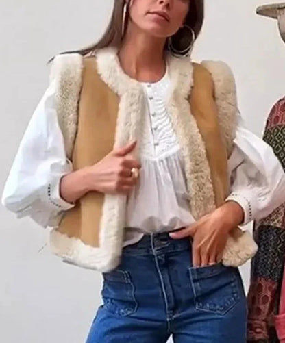 Bruin gilet met imitatiebont voor dames