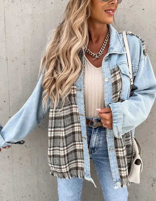 Spijkerblouse met geruite print