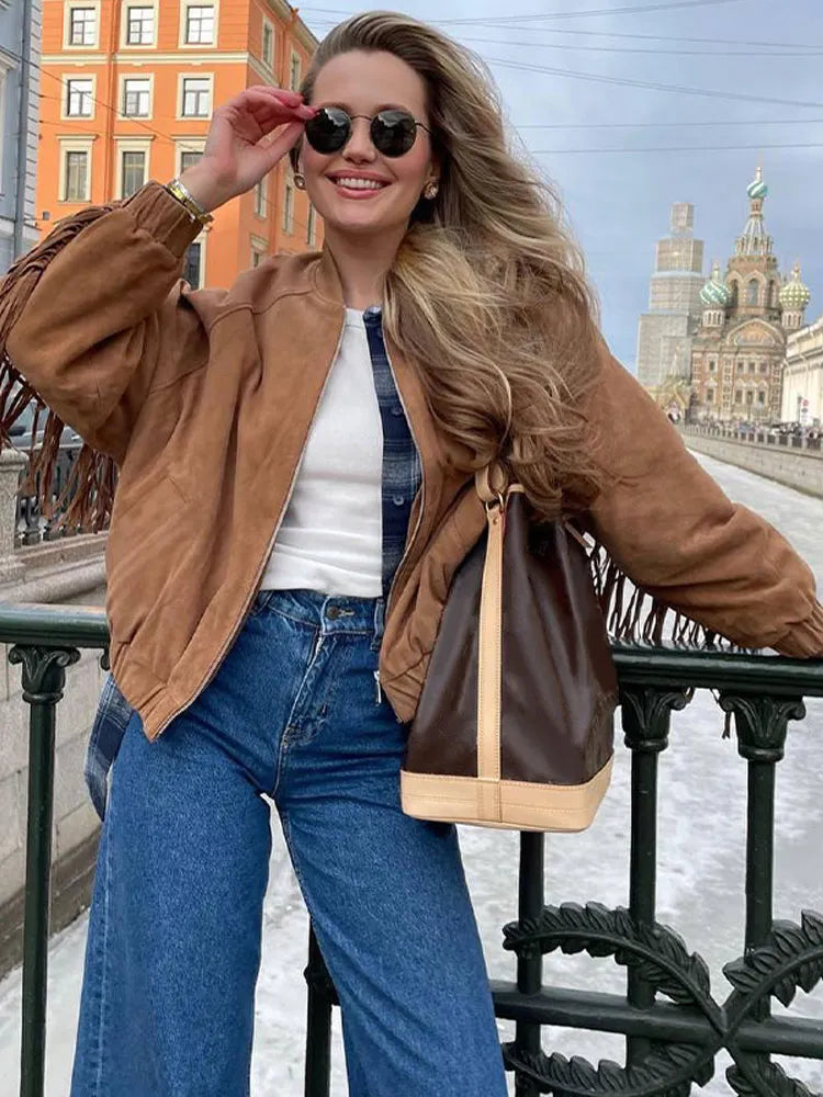 Bruin suède jack met franjes