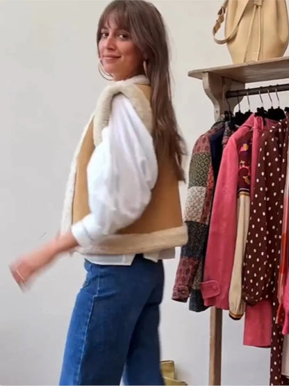 Bruin gilet met imitatiebont voor dames