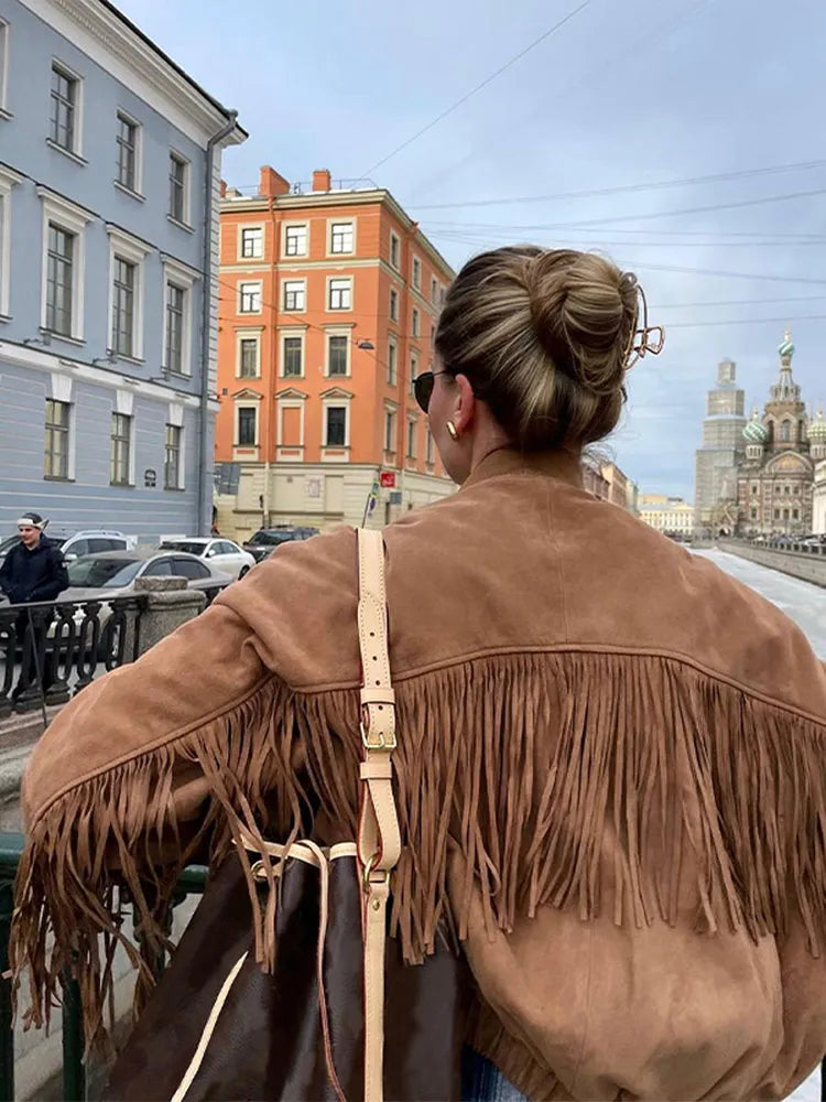 Bruin suède jack met franjes