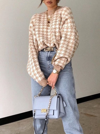 Beige/wit geruite trui