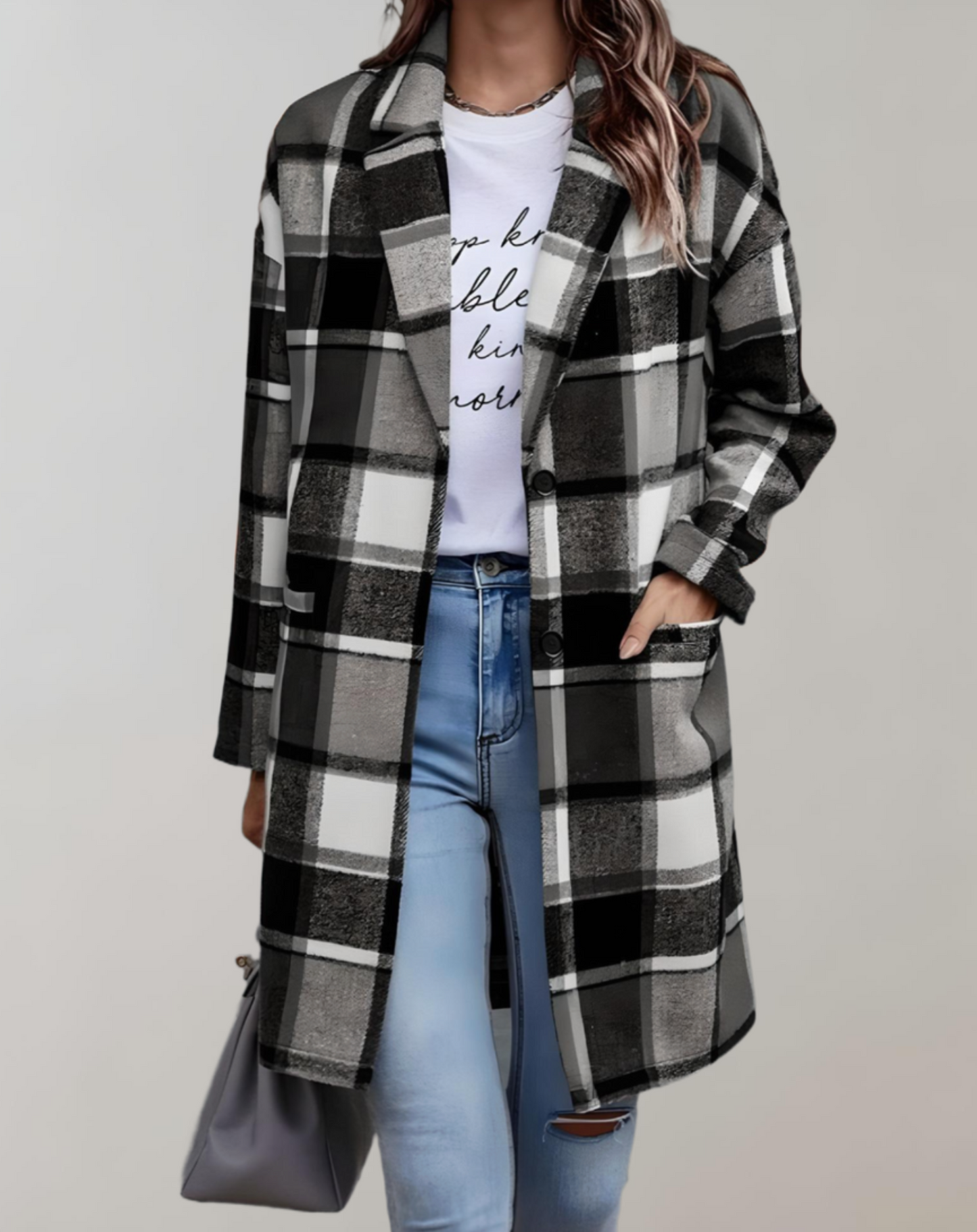 Maxinne | Oversized en lang geruit jack met zijzakken
