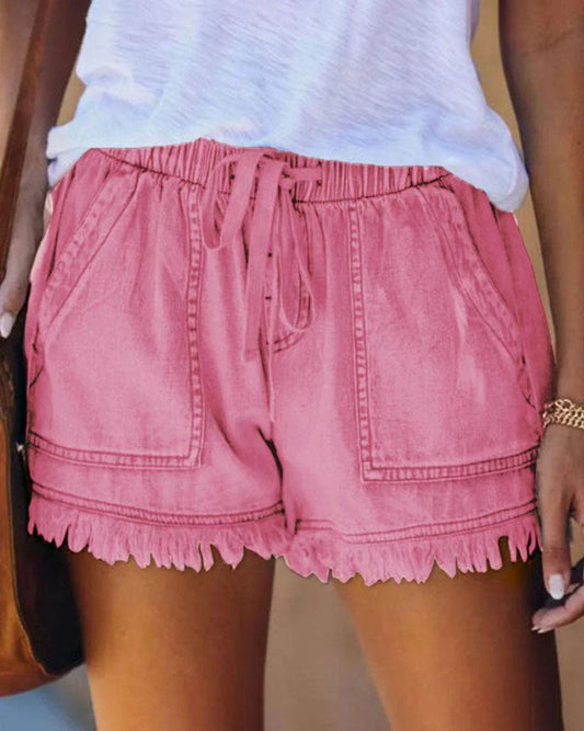 Trudy - Effen Denim Shorts met Trekkoord