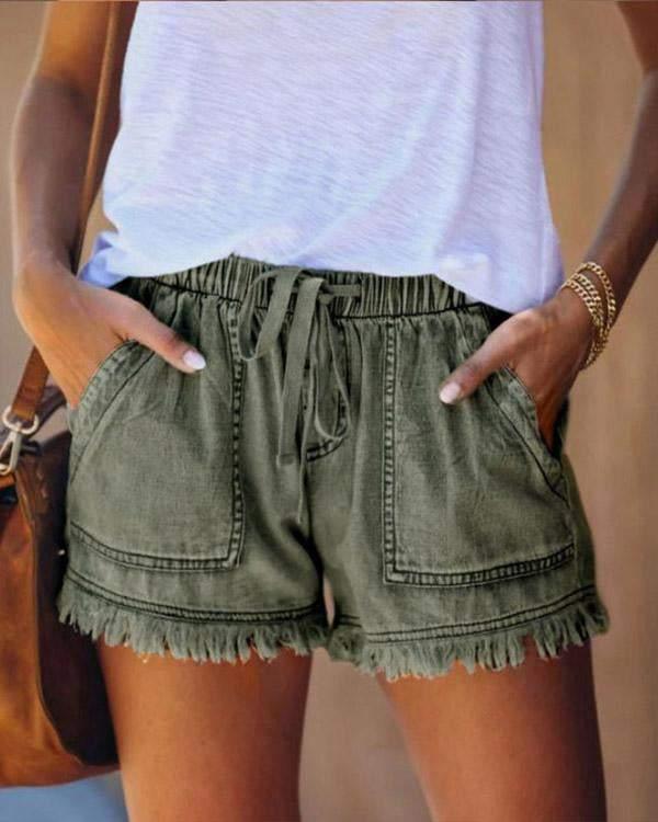 Trudy - Effen Denim Shorts met Trekkoord