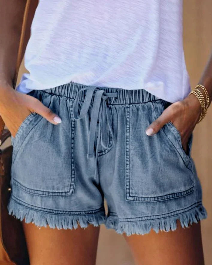 Trudy - Effen Denim Shorts met Trekkoord